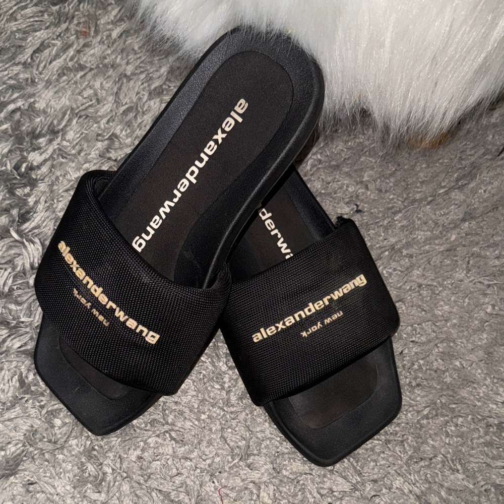 Alexander Wang Black Slide Sandals with Gold Logo